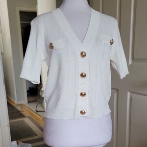 White Short Sleeve Cardigan with Gold Buttons